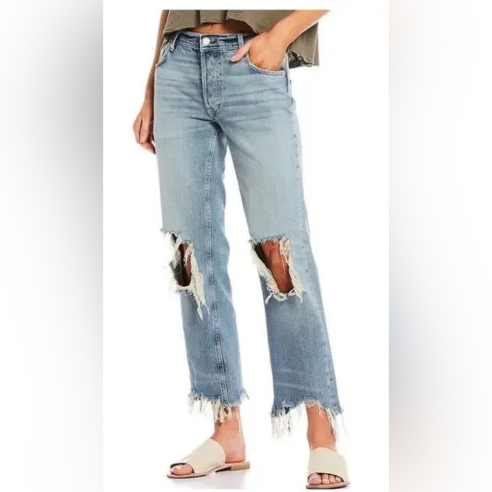 SOLD—Maggie Light Blue Distressed Button Fly Straight Leg Jeans size 29